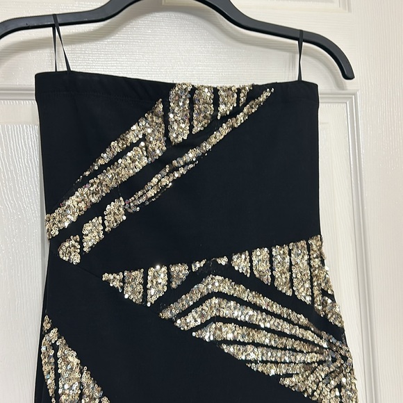 Guess Black Party Dress with gold metallic sequins, sexy slit, flirty NYE dance - Picture 2 of 5